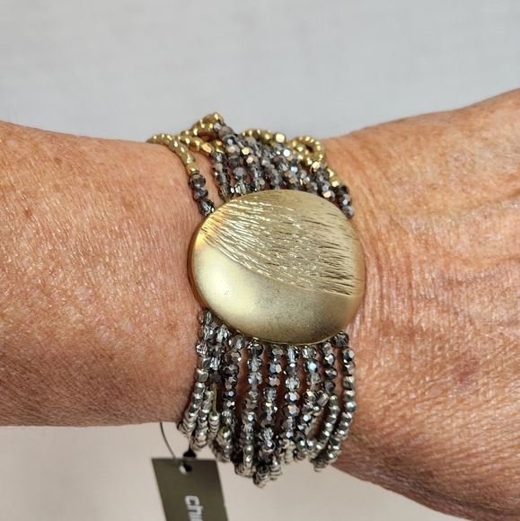 Chico's Goldtone and Silvertone Multistrand Quince Beaded Stretch Bracelet NWT - Picture 5 of 5